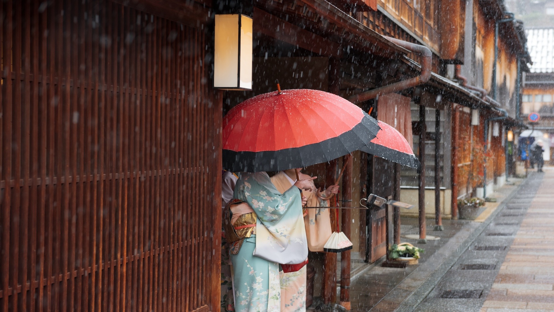 Kanazawa, Japan at the Higashi Chaya district in winter.